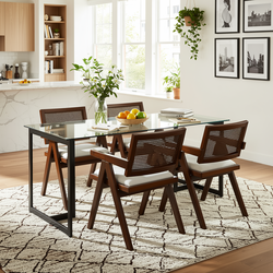 Homy Casa Slip 5PC Dining Set 55” Clear Glass Table with 4 Xuzids Mid-Century Rattan Back Chairs