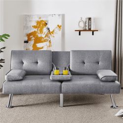 Fabric Upholstered Convertible Futon Sofa Bed with Cup Holders and Pillows, Light Gray