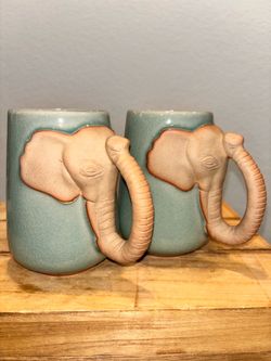 Siam Celadon Elephant Mugs Wood Ash Glaze Hand Made in Thailand Trunk Handle Set