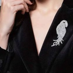 "Dazzling Avian Elegance: Silver Parrot Crystal Brooch"