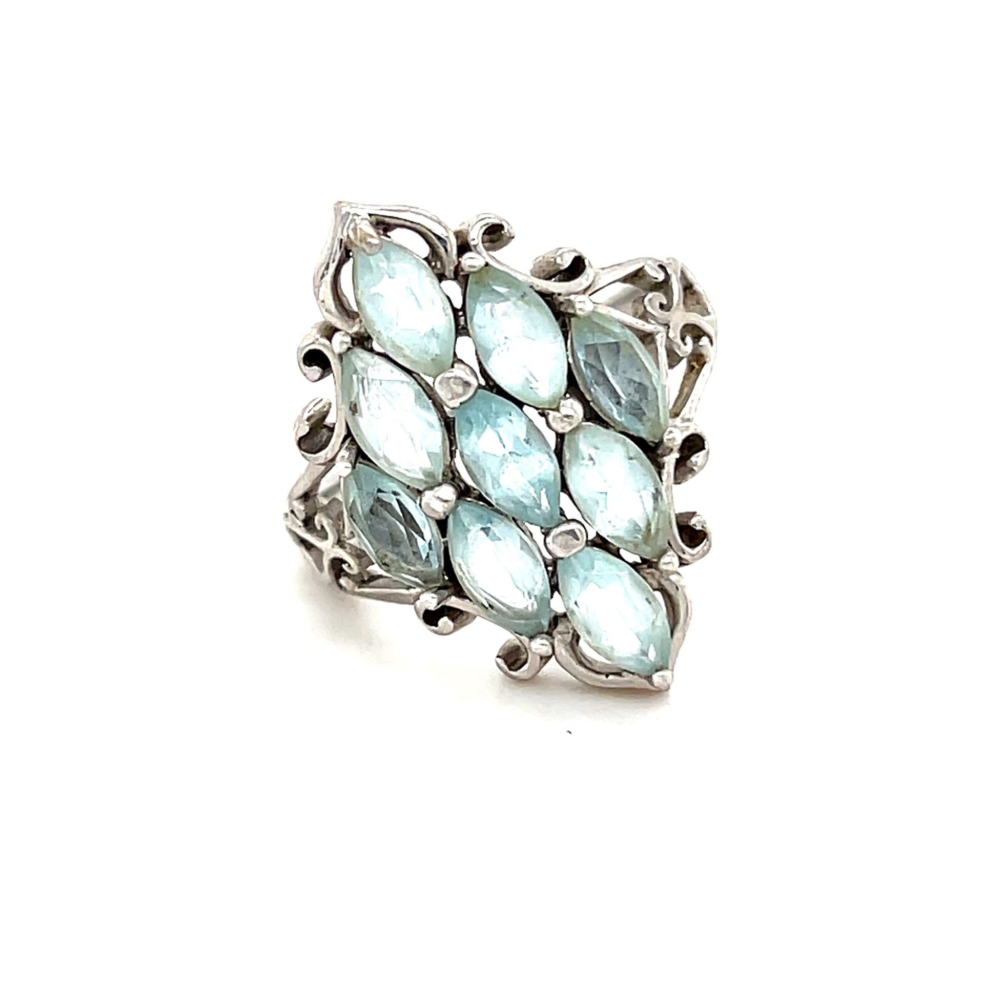 925 Silver Marquis Shaped Blue Stones Ring
