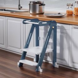 Foldable Toddler Tower Step Stool Height Adjustable (Blue/White)