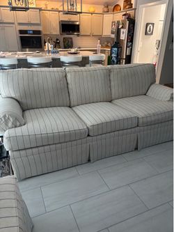 Sofa- Lexington; navy stripe and dark white background