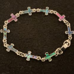 6” SilverTone Multi-colored  Cross Bracelet 