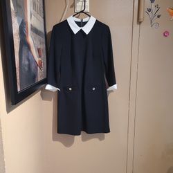 Black And White Dress With White Collar And White Cuffed Sleeves 