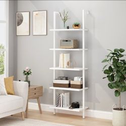  5-Shelf Industrial Wood Ladder Bookcase with Metal Frame,White