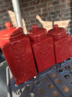 Set of 3 red ceramic containers vintage jars