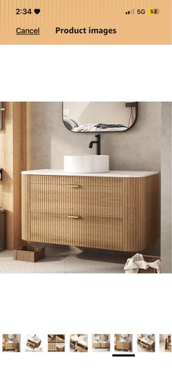36 Inch Floating Bathroom Vanity with Wall Mounted Vanity with Marble Look Wooden Countertop & Ceramic Sink, Modern Fluted Cabinet with 2 Storage Draw