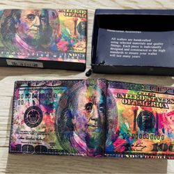 New Vegan Leather Colorful $100 Bill Wallet w/ Box
