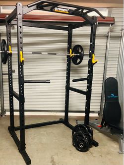 “Like new” Powertec squat weight cage bench press w/ weights and bar PLUS