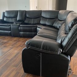 New Black Air Leather Reversible Sectional Sofa w/ Power & USB 
