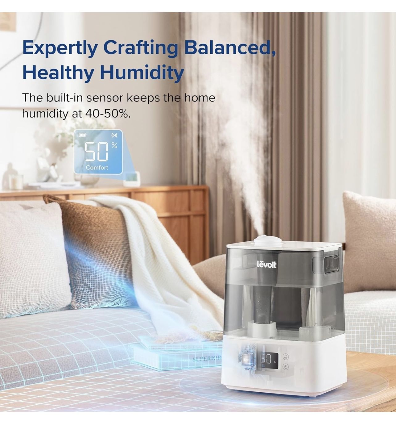 LEVOIT Smart Humidifiers for Bedroom Large Room Home,(6L) Cool Mist Top Fill Essential Oil Diffuser for Baby & Plants,Smart App & Voice Control, Rapid