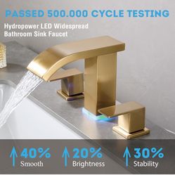 Brushed Gold Waterfall Bathroom faucets, 8 inch Widespread Modern Sink Faucet, Touch on 3 Hole 2 Handle Vanity,Gold Bathroom Sink Faucet with LED