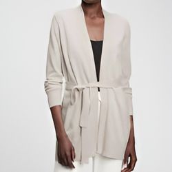LORD & TAYLOR Beige Cashmere Open Drape Waist Tie Minimalist Cardigan Sweater