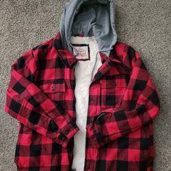 Levi’s Sherpa Lined Buffalo Plaid Hooded Jacket Mens XLT Red Black Flannel Coat
