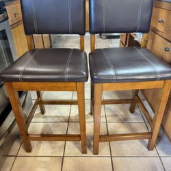 (2) Brown Leather Barstools 
