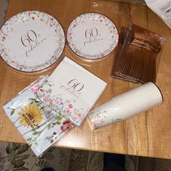 60th Bday Tableware. Flowery 60 And Fabulous  Partyware Set. 