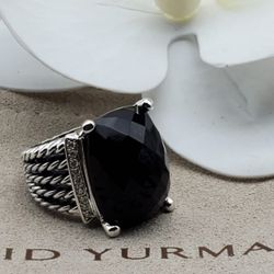 David Yurman Sterling Silver With Black Onyx & Diamonds Wheaton Ring Sz 7