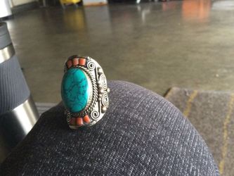 native american handmade turquoise and coral ring