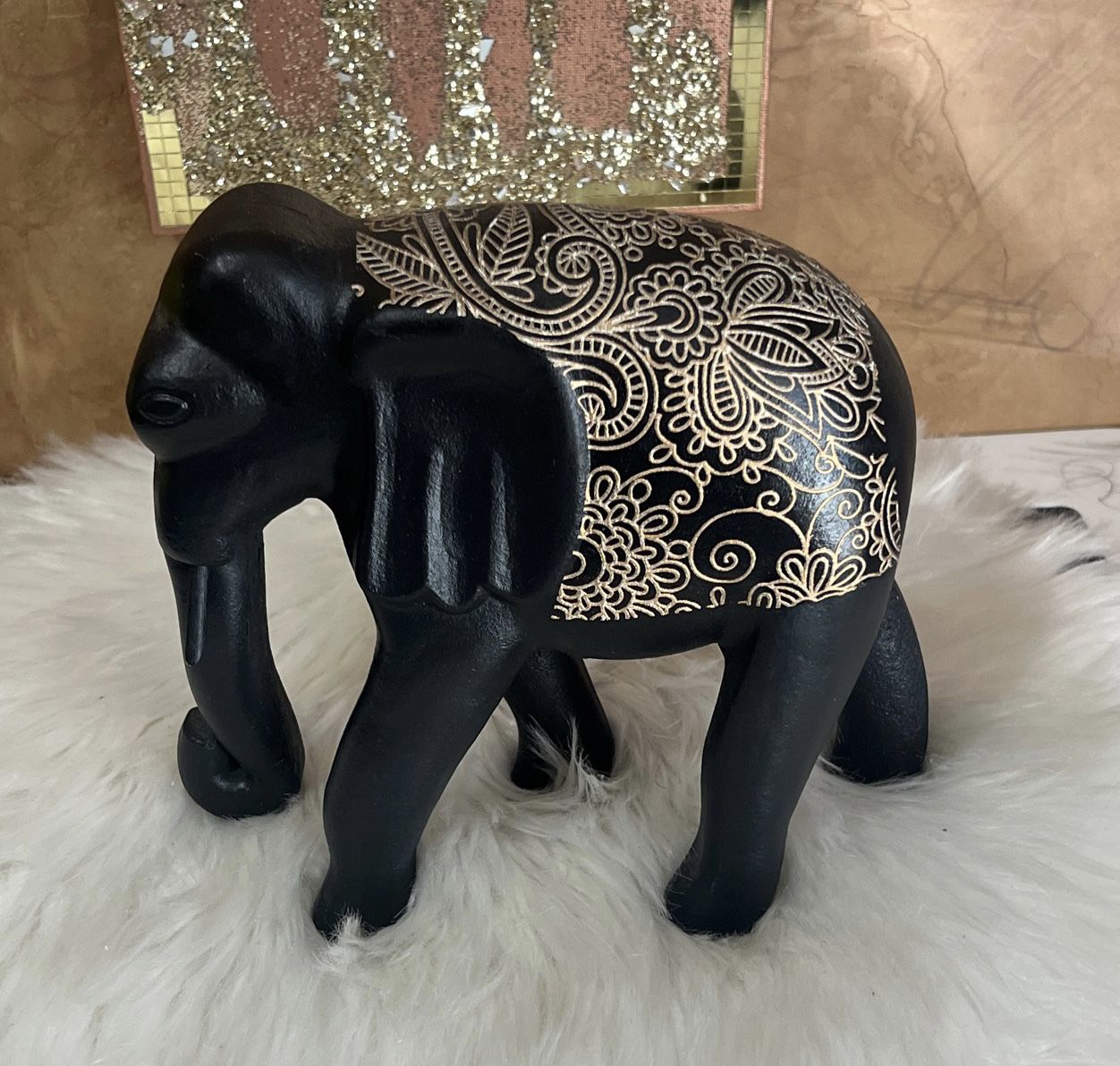 Elephant Figure Statue with Gold Flowers Design -Majestic indian elephant