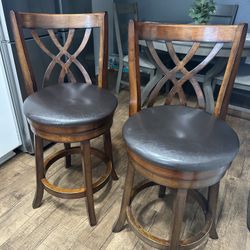 Two Barstools, Wood, Black Leather
