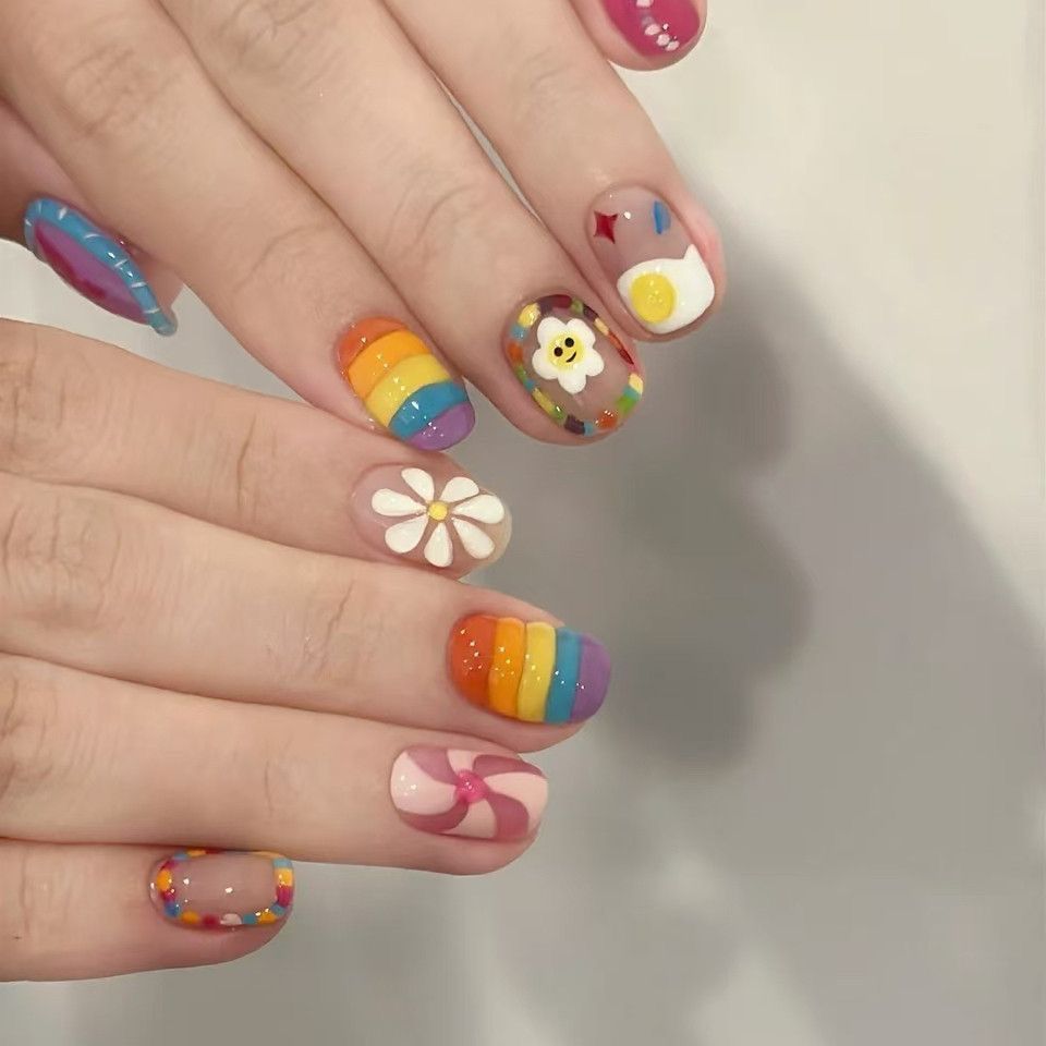 π Colorful Cartoon - Style Nail Art | Rainbow, Daisy & Fried Egg Designs