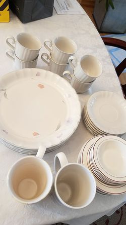 Set of 6 stoneware brand plates cups saucer, 2 mugs, Acopal brand made in France set of 12 small bowls