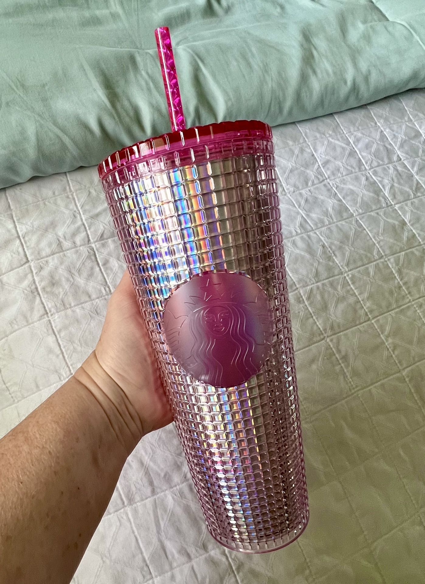 NEW Starbucks Pink & Silver Bubblegum Grid 24oz Venti Tumbler
