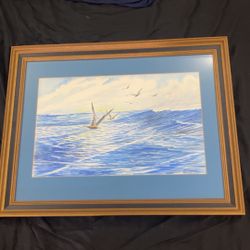 Beautiful vintage Water color 1974 painting birds on the ocean