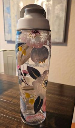 Floral Print Clear Water Bottle with Gray Lid