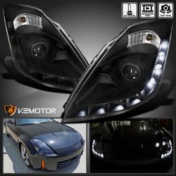 Black Fits 2006-2009 350Z HID Type LED Strip Projector Headlights Lamps 06-09