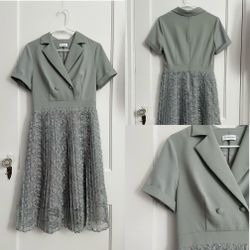 Gray-blue/dusty-blue v-neck short-sleeved lace pleated blazer dress