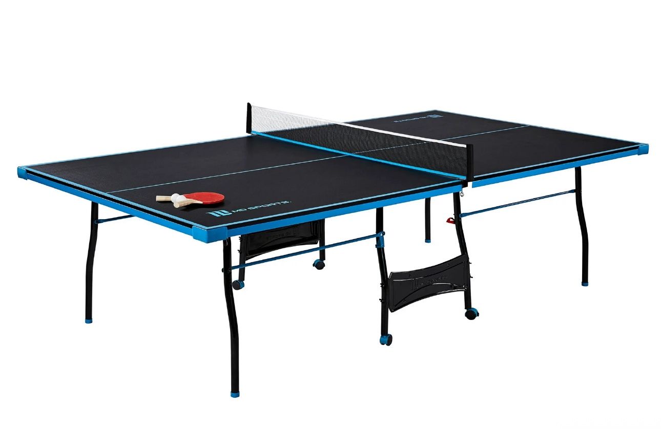 MD Sports Official Size Indoor Table Tennis Pong Table, 4 Piece Foldable Design with Net, Paddles & Balls – Blue/Black