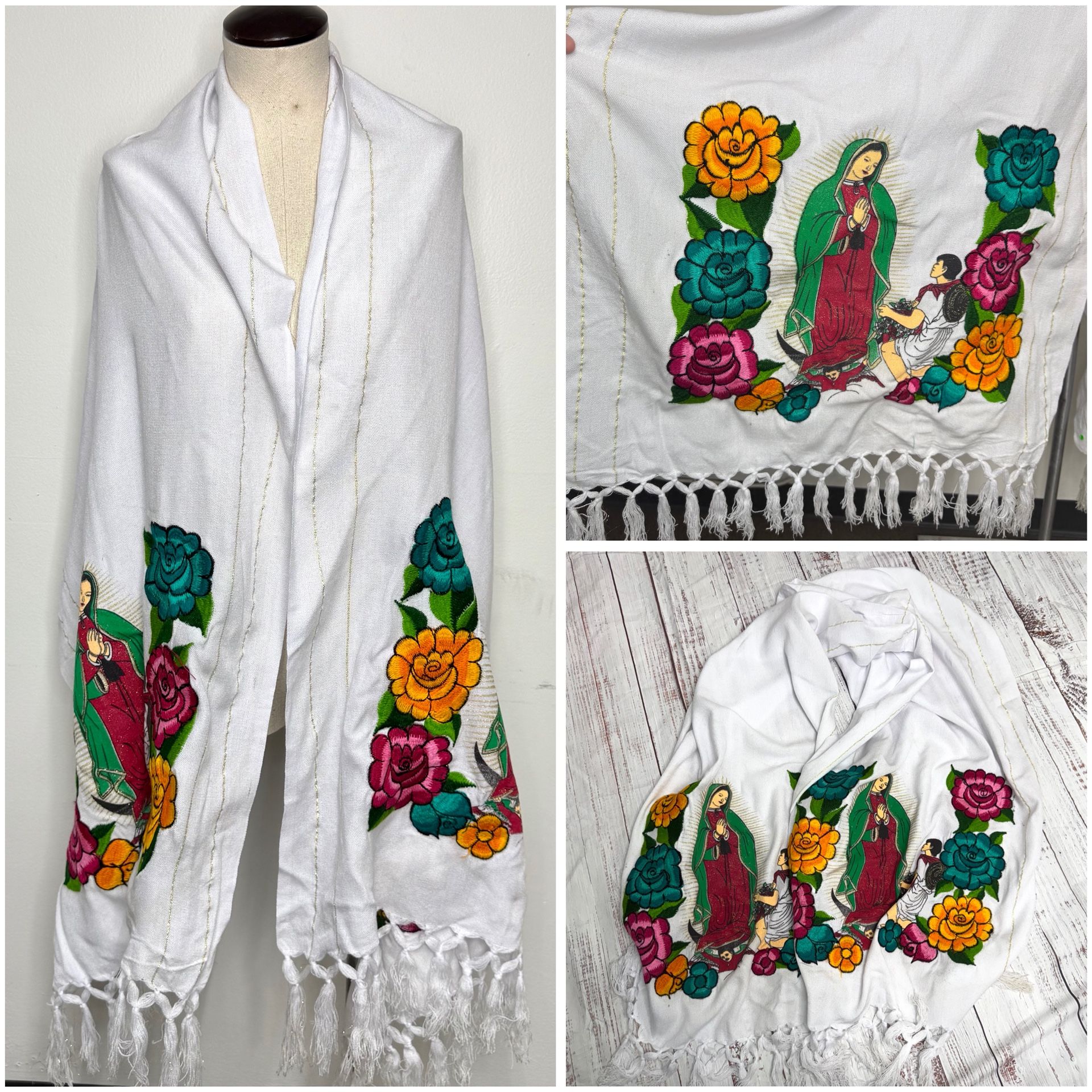 Our Lady of Guadalupe Virgin Mary White Shawl Wrap Mexican Floral Embroidery Bufanda Virgen María