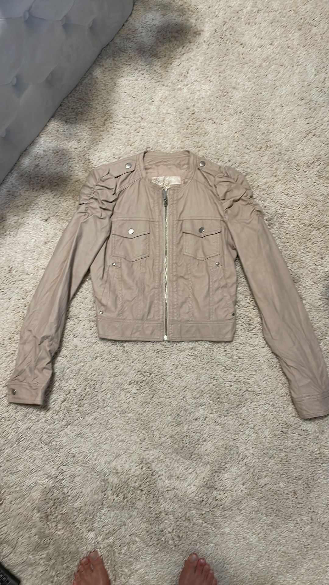 New Arden B fake leather jacket pink cream small ruffle ruching. No tags as I used to take all tags off before putting in my closet. Never worn
