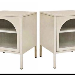 Set of 2 Metal Nightstand with 2 Shelves, Storage Night Stands with Vertical Striped Glass