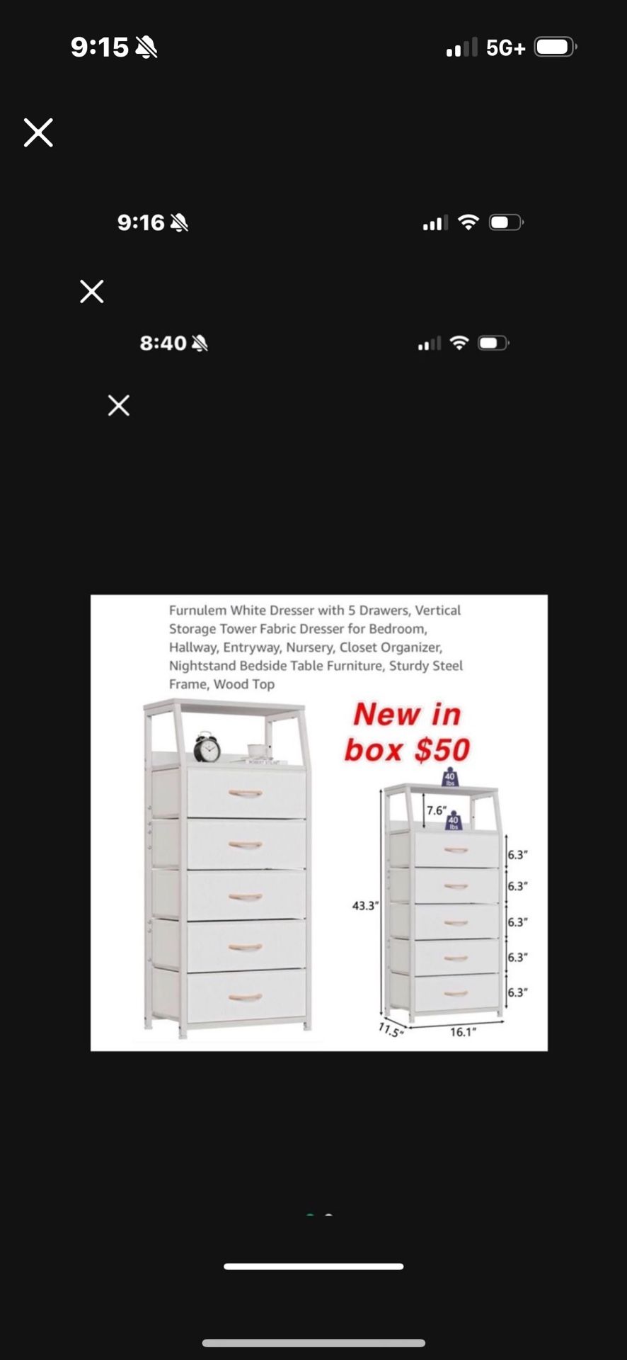 New White Dresser with 5 Drawers, Vertical Storage Tower Fabric Dresser for Bedroom, Hallway, Entryway, Nursery, Closet Organizer, Nightstand$50