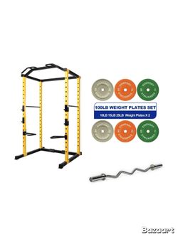 BalanceFrom PC-1 Series 1000lb Capacity Multi-Function Adjustable Power Cage Power Rack, Power Cage + 100Lbs Weight Set & EZ Curl Bar