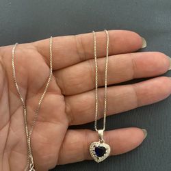 Real 925 Sterling Silver Blue Saphire Heart ❤️ Pendant Necklace 