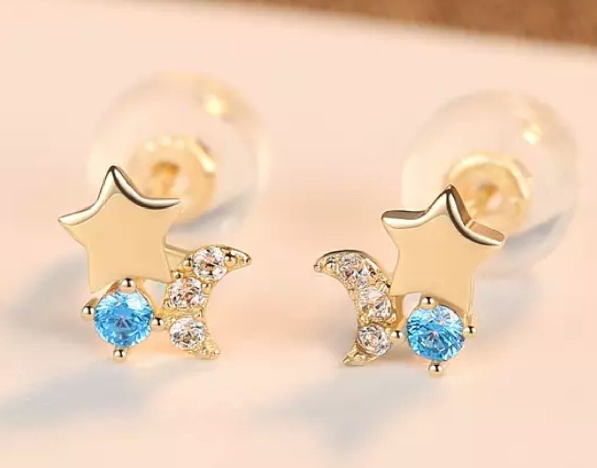 Aquamarine Moon and Star Stud Earrings In Pure 14k Yellow Gold