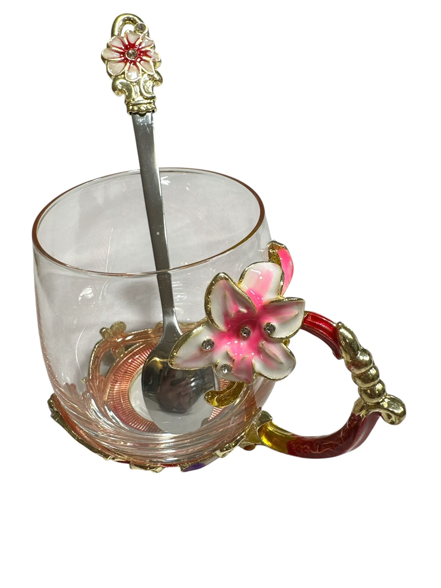 ViNCiPH Handmade Butterfly Rose Flower Enamel Tea Mug Set With A Spoon 12 Ounce