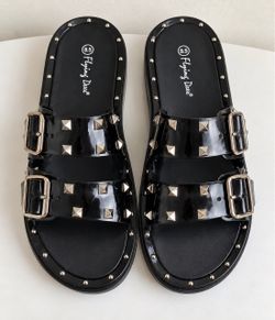 Women’s Black Studded Double Buckle Slide San
