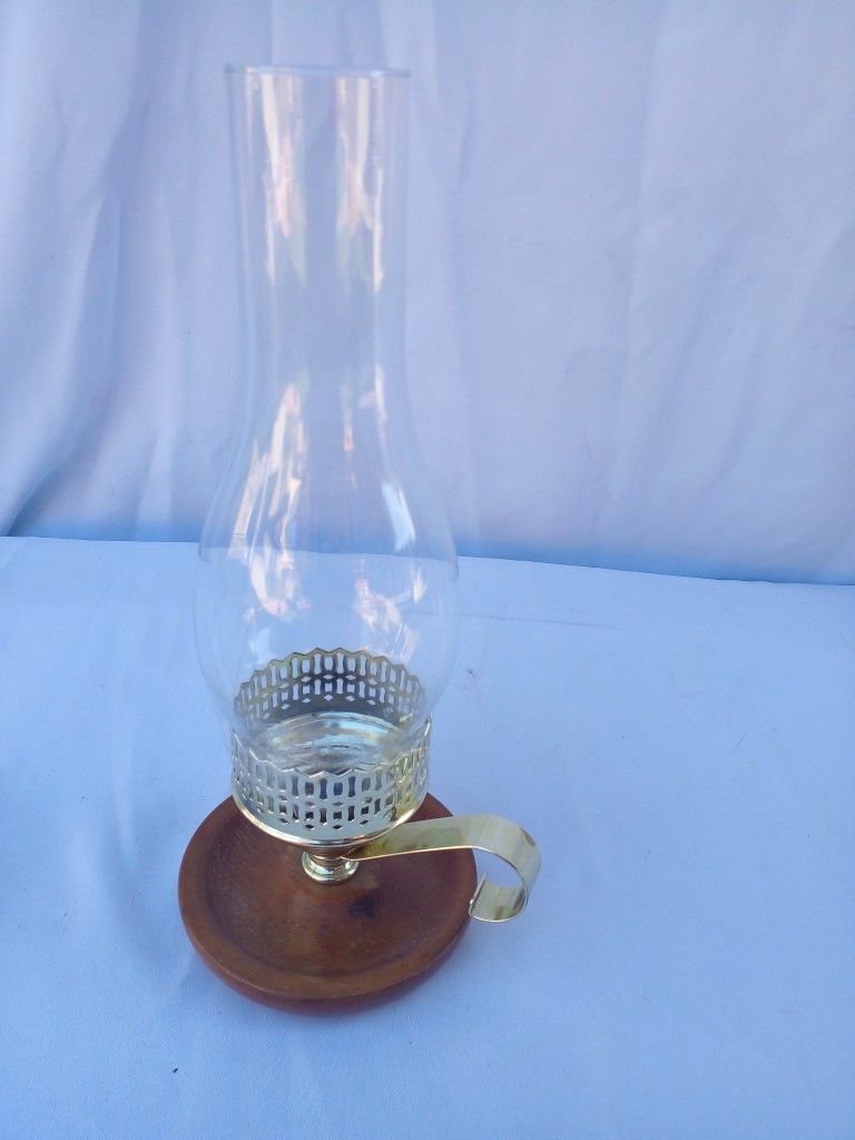 Glass Hurricane Pillar Candle Holder Lamp w/ Wood & Brass