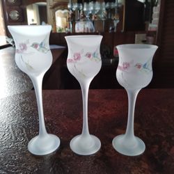 L.E. Smith Long Stem Frosted Glass Candle Holders Hummingbird With Flower Set of 3