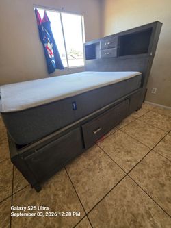 Gray Captain's Bed Frame with Storage and Bookcase Headboard