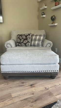 Nail studded trim of the sofa, love seat and oversized chair with ottoman, 3 pcs farmhouse tables, with top rising for storage or desk