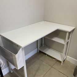Pre Assembled White L Shaped Desk With Shelves And Power Plug