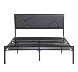 Black Metal Platform Bed Frame with Upholstered Headboard