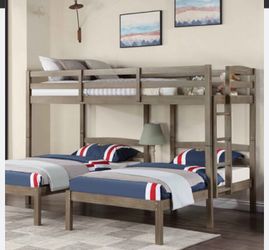 Triple bunk bed frame and mattresses
