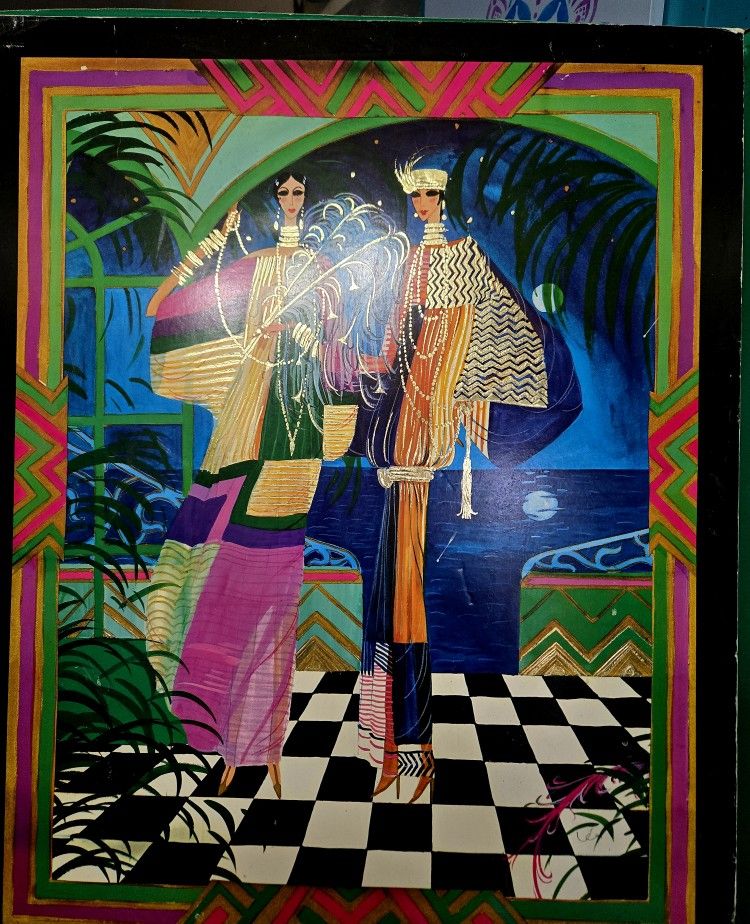 Vintage Anne Lee Colorful Mixed Media Embelished Print "Ode To Arte I " 23.5"×29"